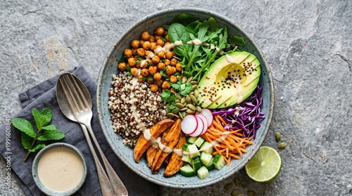 Healthy vegan bowl recipe kitchen food photography bright lighting vibrant ingredients