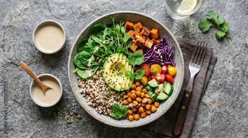Healthy salad bowl recipe kitchen food photography rustic top-down view nutrition