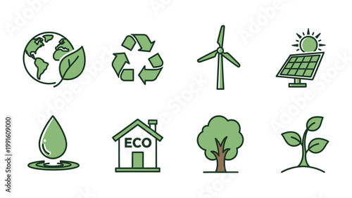 Eco Icons: Set of environmentally conscious icons representing concepts of renewable energy, ecological balance, recycling, and sustainable living, conveying the ideas of eco-friendly practices.