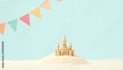 sandcastle with colorful bunting flags on snowy hill minimalist winter fantasy concept