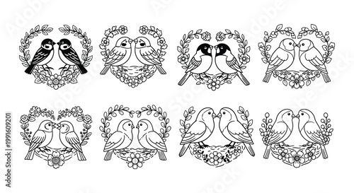 Eight vintage style illustrations of paired birds within floral wreaths