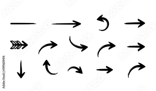 Minimal brushstroke arrow vector set with simple black hand drawn directional signs isolated on white background
