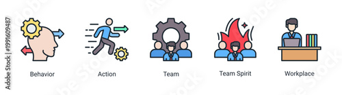 Kaizen team and behavior icon set representing team collaboration,behavior,and workplace culture in kaizen methodology.Ideal for HR,teamwork,and organizational development projects.