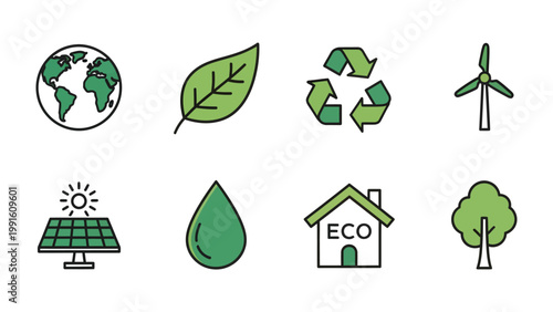 Sustainable World Icons: A vibrant collection of ecological icons representing key aspects of environmental preservation and sustainable living.