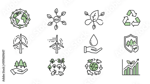 Eco-Friendly Icons: A visually appealing array of sustainable icons, each representing elements essential to environmental conservation and eco-conscious practices, promoting a greener world.