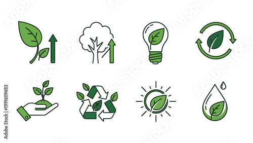 Sustainable Symbols: A collection of meticulously crafted, minimalistic icons, each symbolizing essential elements of sustainability and environmental stewardship. The icons represent ideas, growth.