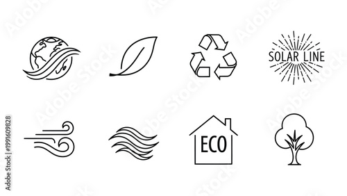 Eco-Friendly Symbols: A collection of minimalist line icons representing eco-consciousness, sustainable energy and environmental protection, ideal for conveying environmental responsibility.