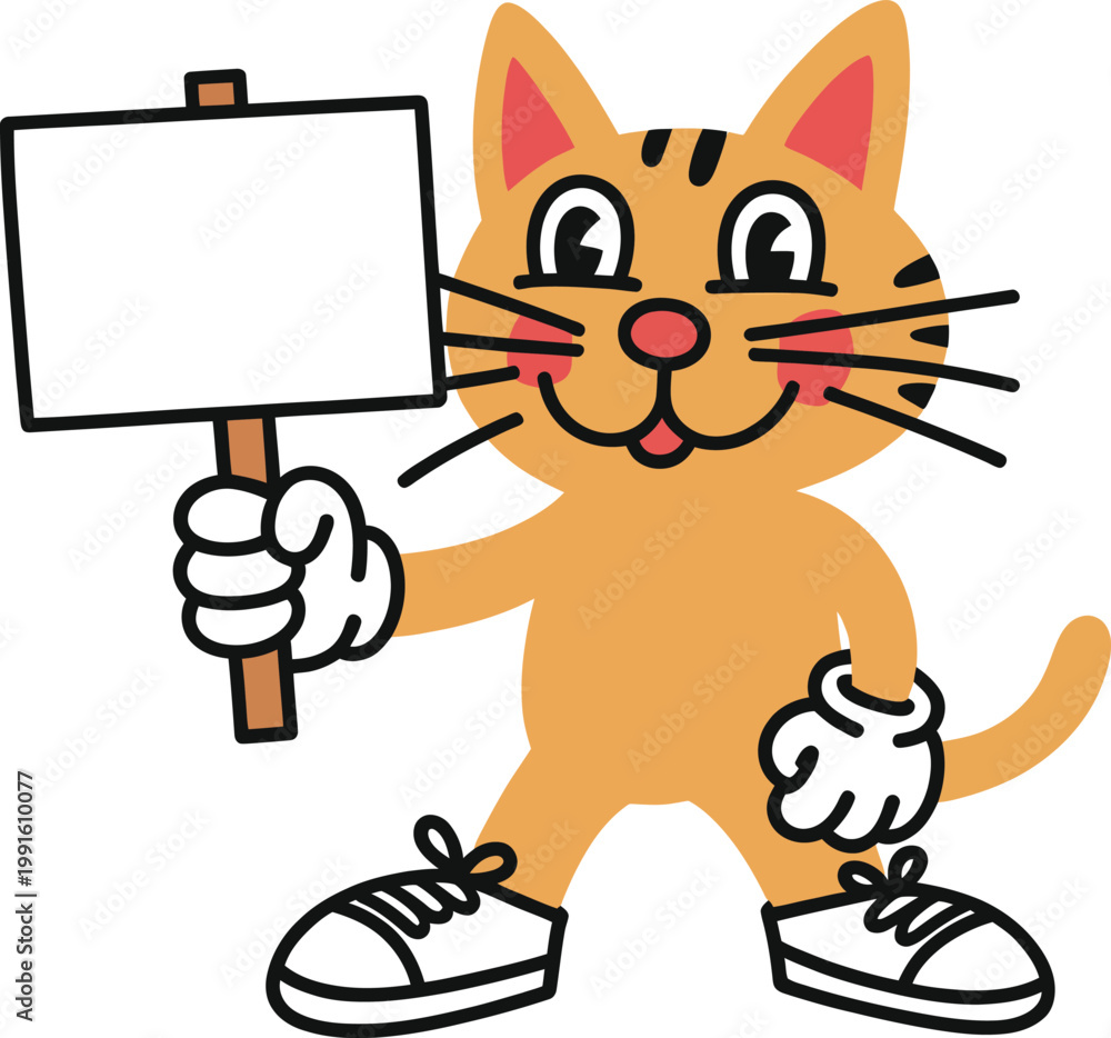 Obraz premium Cartoon orange tabby cat character holding a blank sign