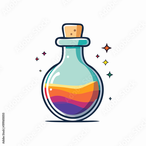 Cartoon Potion Bottle with Swirling Rainbow Liquid and Stars