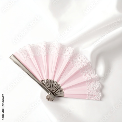 Elegant Pink Lace Hand Fan On White Silk Fabric Background Studio Still Life Photography With Soft Lighting And Romantic Aesthetic For Weddings