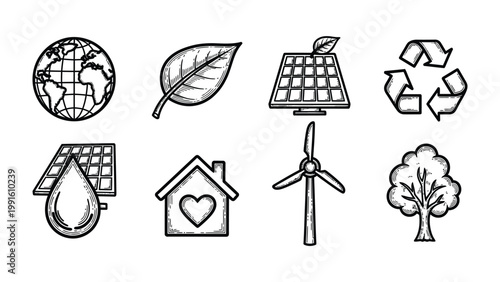 Eco-Friendly Symbols: A collection of environmentally conscious symbols. A leaf, recycling logo, globe, solar panel, water drop, eco-friendly house, wind turbine.