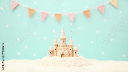 whimsical sandcastle with pastel bunting flags on snowy mound against sky blue background