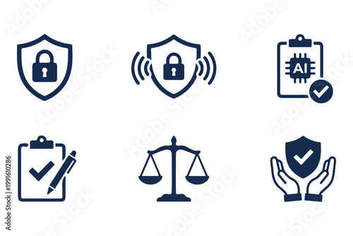 Artificial intelligence security and data privacy icons including legal scales and compliance shield