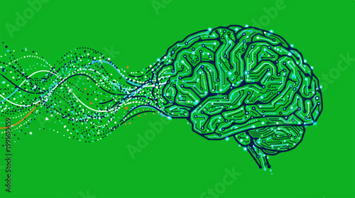 Green brain illustration representing artificial intelligence and neural networks.