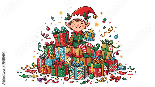 Smiling Elf Surrounded by Colorful Gifts.
