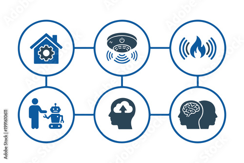 Modern smart home safety and cloud technology infographic with blue icons on a plain white background