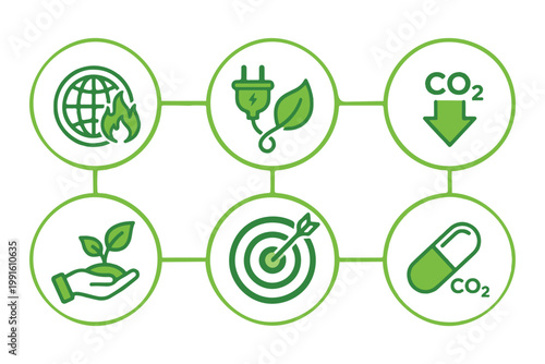 Environmental Sustainability and Green Energy Infrastructure Icons for CO2 Reduction and Eco Goals