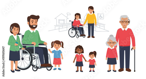 Diverse groups of people with disabilities and family members illustrations.