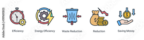 Kaizen efficiency icon set featuring cost reduction,energy efficiency,and lean management.Icon set for lean operations,cost saving,and efficiency improvement in business and industry.