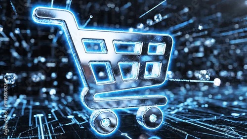 Glowing holographic shopping cart surrounded by digital blue data lines, symbolizing futuristic online retail, e-commerce connectivity, modern commerce integration, and advanced digital marketplace te