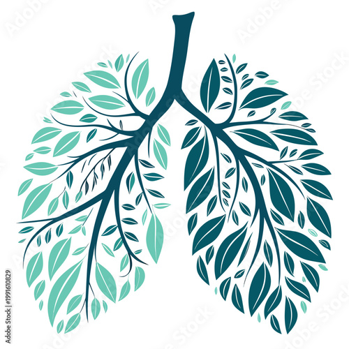Dense botanical lung shape with teal leaf icons.