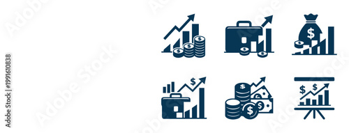 Vector business icons showing financial growth with currency stacks briefcases money bags and charts