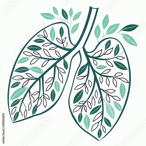Artistic lungs silhouette with leaves and stems.