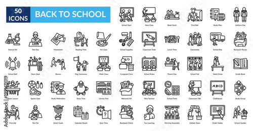 Back To School Line Icon Set. School Start, New Class, Book Stack, First Bell, Study Plan, Uniform Day, Backpack Ready