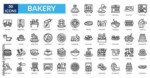 Bakery Line Icon Set. Fresh Loaf, Oven Heat, Bread Slice, Bakery Shop, Dough Roller, Cake Display, Cupcake Joy
