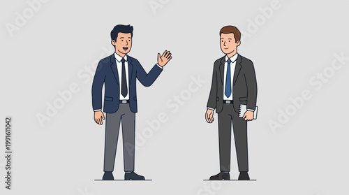 Two businessmen in suits discussing a business deal.