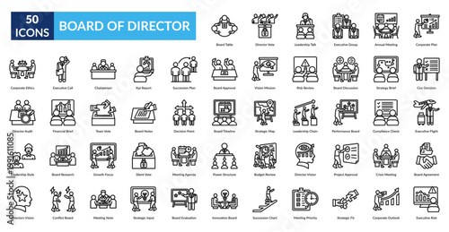 Board Of Director Line Icon Set. Board Table, Director Vote, Leadership Talk, Executive Group, Annual Meeting, Corporate Plan, Ceo Decision