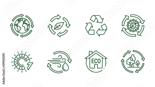 Eco Icons: A set of eight meticulously crafted icons represent ecological concepts, from global recycling to sustainable living, emphasizing environmental protection and conservation.