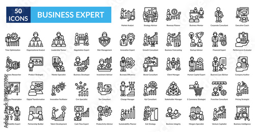 Business Expert Line Icon Set. Market Analyst, Strategy Advisor, Revenue Planner, Mentor, Corporate Consultant, Executive Coach, Performance Evaluator