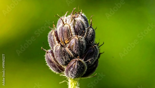 Hairy Seed Pod Cluster Macro Photograph In Dark Purple And Vibrant Green With Bokeh Background In Natural Summer Sunlight