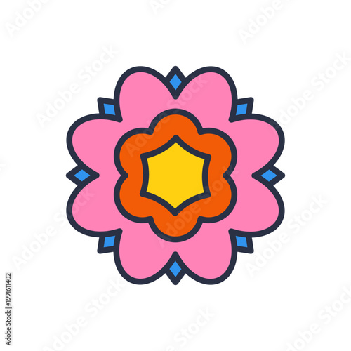 Pink layered groovy flower. Bright decorative bloom with rounded petals and central geometric detail in bold vintage outline style. Vector 10 EPS.