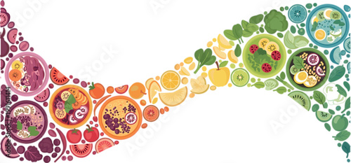 Colorful healthy food gradient composition with fruits vegetables and bowls rainbow nutrition concept flat vector illustration
