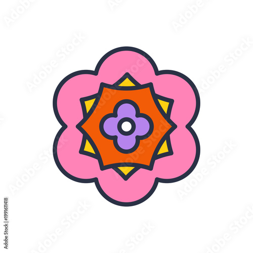 Pink round layered blossom. Bright decorative bloom with rounded petals and multicolor inner detail in bold outlined retro style. Vector 10 EPS.