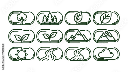 Nature Icons Collection: A curated set of elegant icons representing various elements of nature, including trees, mountains, leaves, rivers, the sun, and clouds.