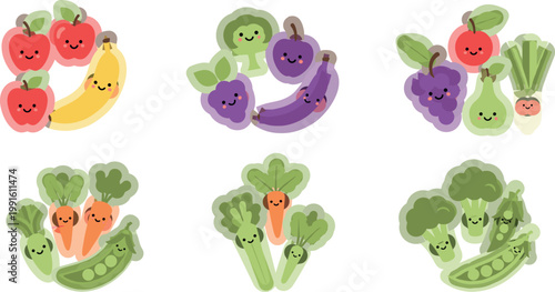 Cute fruit and vegetable characters set with smiling faces healthy food cartoon style flat vector illustration collection