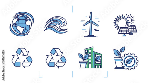 Eco-Friendly Icons: A visually appealing composition of sustainable symbols, celebrating the beauty and importance of renewable energy and environmental conservation.
