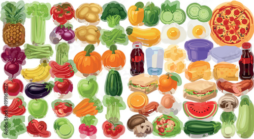 Food ingredients and grocery collection with fruits vegetables fast food drinks and snacks colorful flat vector illustration set