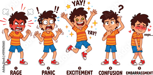 Kids Emotions Expression Character Illustration Set Showing Rage Panic Excitement Confusion Embarrassment Feelings Cartoon Editable Vector Children Emotion Collection