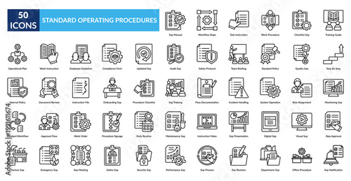Sop Line Icon Set.  Sop Manual, Workflow Steps, Task Instruction, Work Procedure, Checklist , Training Guide, Step By Step