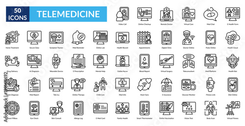 Telemedicine Line Icon Set. Video Call, Checkup, Remote Doctor, Virtual Care, Med Chat, E Health Form, Health Cloud, digital clinic, online nurse, med info, home treatment