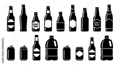 Craft beer bottle and aluminum can icons, 17 beverage container silhouettes, black and white brewery packaging vector set for bar menus