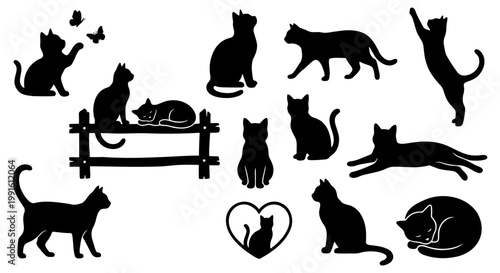 Black cat silhouette collection, 14 feline vector elements in various poses, minimalist kitten shapes for pet shop branding and animal lovers