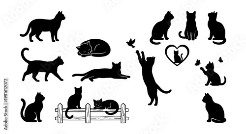 Black cat silhouettes collection, 13 feline vector elements in various poses, domestic cat icons for pet shop branding and animal lover designs