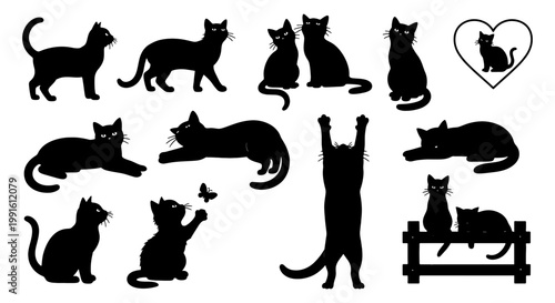Black cat silhouette collection, set of 12 feline vector icons in various poses, domestic cat silhouettes for pet shop branding and animal lovers