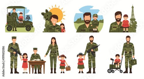 Collection of military personnel interacting with their families in various scenes.