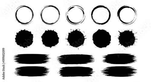 Grunge black ink brush strokes and circles, hand drawn paint splatters and textured round frames, set of 16 vector design elements for artistic borders